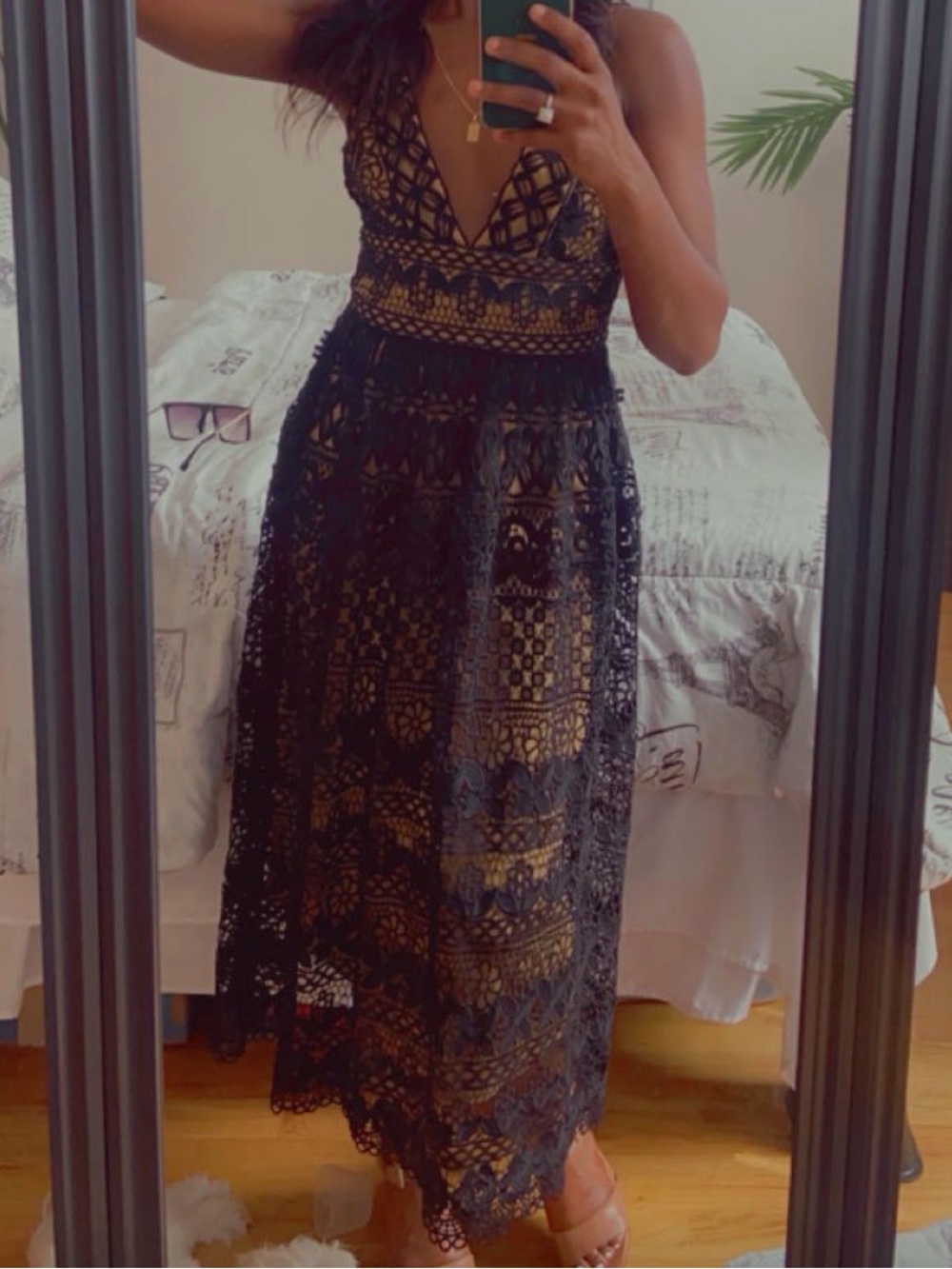 Women's Black Lace Maxi Dress with Nude Lining - Elegant V-Neck Evening Dress